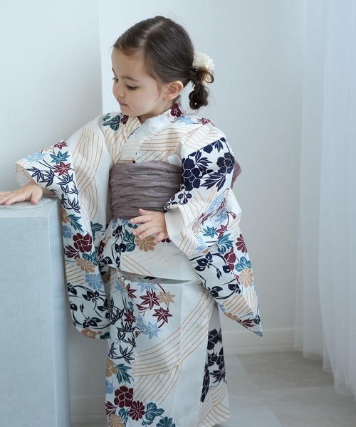 セール】キッズ浴衣3点セット utatane きなりにえんじとからしの