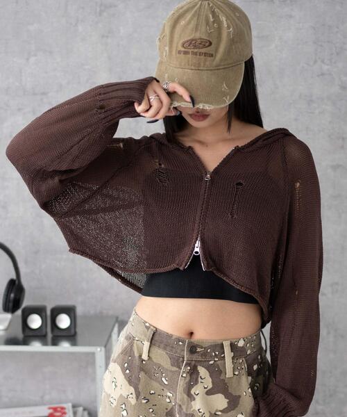 WEGO（ウィゴー）の「WEGO/ダメージメッシュショートパーカー（パーカー・レディース・ブラック/ブラウン・FREE）」の2枚目の写真