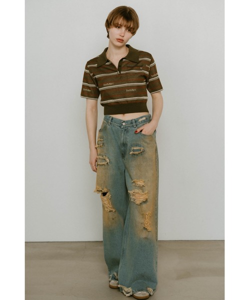 Knuth Marf（クヌースマーフ）の「logo stripe polo knit（Tシャツ/カットソー・レディース・ブラウン/カーキ・FREE）」の4枚目の写真