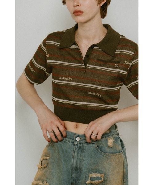 Knuth Marf（クヌースマーフ）の「logo stripe polo knit（Tシャツ/カットソー・レディース・ブラウン/カーキ・FREE）」の7枚目の写真