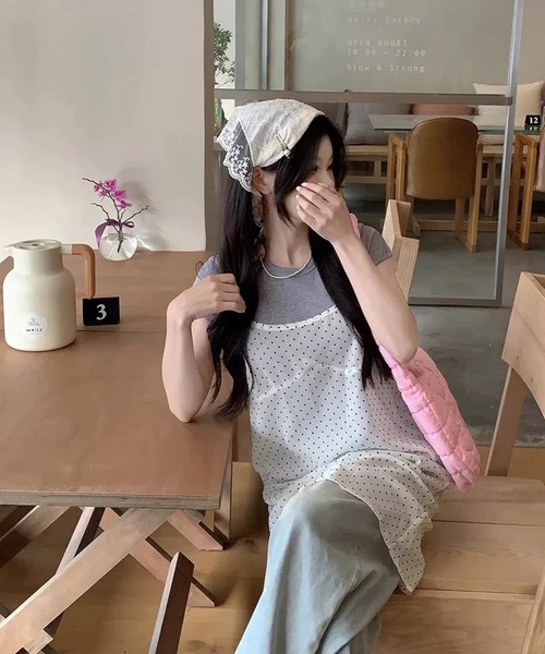 shopnikoniko（ショップニコニコ）の「キャミワンピース チュニック丈 ドット柄 シアードットチュニック（チュニック・レディース・ホワイト・フリー）」の3枚目の写真