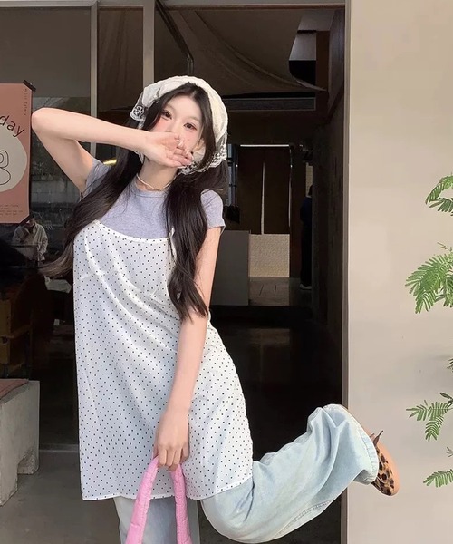 shopnikoniko（ショップニコニコ）の「キャミワンピース チュニック丈 ドット柄 シアードットチュニック（チュニック・レディース・ホワイト・フリー）」の5枚目の写真