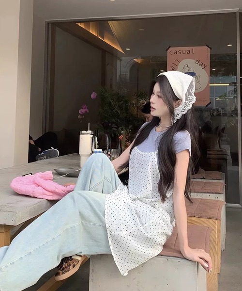 shopnikoniko（ショップニコニコ）の「キャミワンピース チュニック丈 ドット柄 シアードットチュニック（チュニック・レディース・ホワイト・フリー）」の6枚目の写真