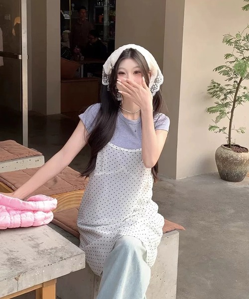 shopnikoniko（ショップニコニコ）の「キャミワンピース チュニック丈 ドット柄 シアードットチュニック（チュニック・レディース・ホワイト・フリー）」の7枚目の写真