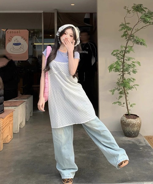 shopnikoniko（ショップニコニコ）の「キャミワンピース チュニック丈 ドット柄 シアードットチュニック（チュニック・レディース・ホワイト・フリー）」の8枚目の写真