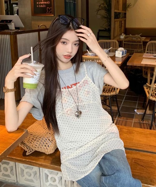 shopnikoniko（ショップニコニコ）の「キャミワンピース チュニック丈 ドット柄 シアードットチュニック（チュニック・レディース・ホワイト・フリー）」の9枚目の写真