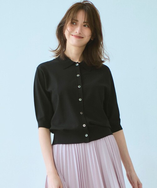 23区 ヴィスコースストレッチ ポロニット カーディガン ブラック 32サイズ 洗える/吊り干しOK】ヴィスコースストレッチ ポロニット カーディガン