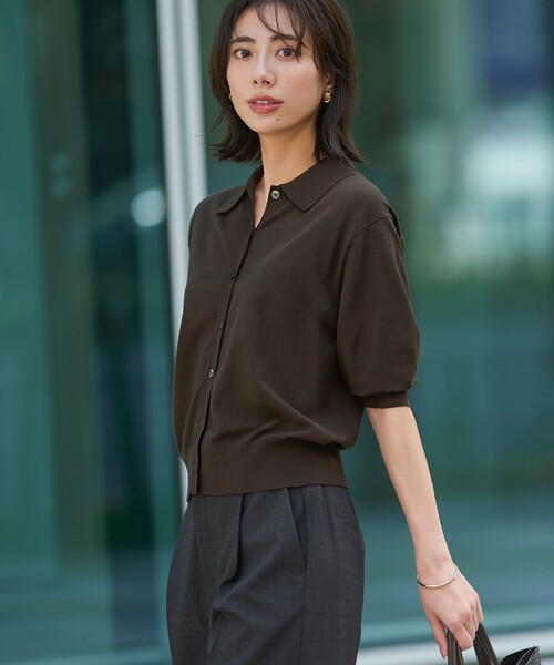 洗える/吊り干しOK】ヴィスコースストレッチ ポロニット カーディガン