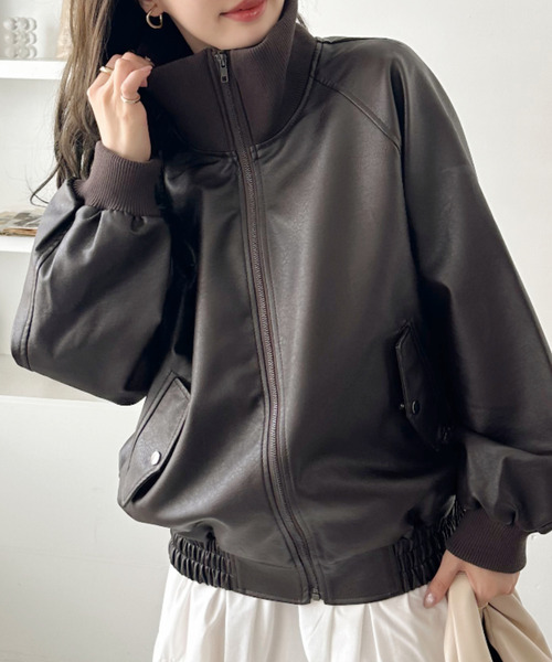 ネックフェイクレザーオーバーブルゾン/スタンドネック レディース セール】リブ スタンドネック オーバーサイズ フェイクレザー