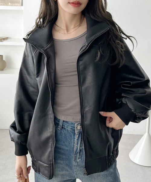 Ada.（エイダ）の「リブ スタンドネック オーバーサイズ フェイクレザー ブルゾン（ブルゾン・レディース・ブラック/ブラウン・M）」の4枚目の写真