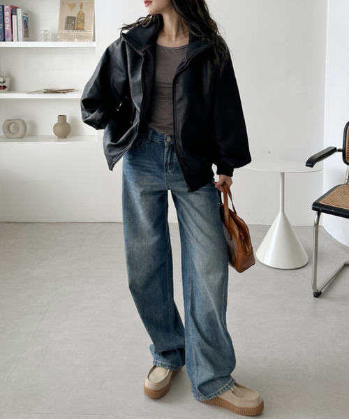 Ada.（エイダ）の「リブ スタンドネック オーバーサイズ フェイクレザー ブルゾン（ブルゾン・レディース・ブラック/ブラウン・M）」の3枚目の写真