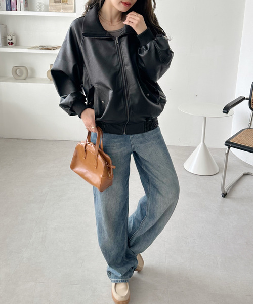 Ada.（エイダ）の「リブ スタンドネック オーバーサイズ フェイクレザー ブルゾン（ブルゾン・レディース・ブラック/ブラウン・M）」の9枚目の写真