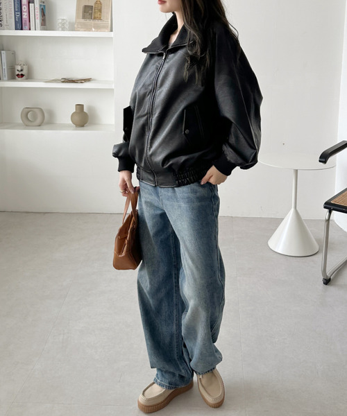 Ada.（エイダ）の「リブ スタンドネック オーバーサイズ フェイクレザー ブルゾン（ブルゾン・レディース・ブラック/ブラウン・M）」の7枚目の写真