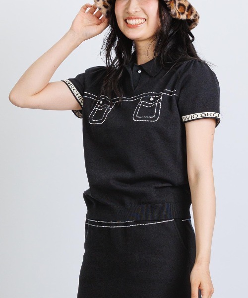 セール】<LADIES>ステッチ風プリントニットポロシャツ（ニット