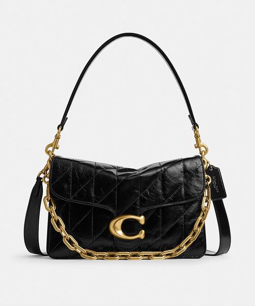 【美品】coach、コーチ、ブラックレザーキルティングゴールドショルダーバッグ チェーン タビー ショルダー バッグ・キルティング（ショルダーバッグ