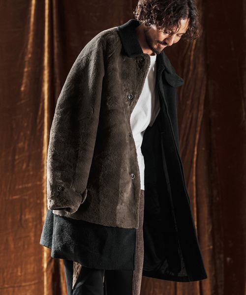 mj10980-Sliver Knit × Shaggy Panel Soutien Collar Coat