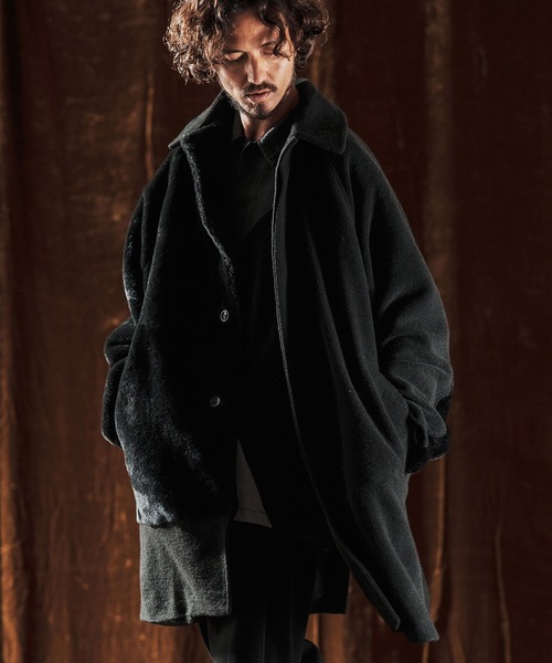 mj10980-Sliver Knit × Shaggy Panel Soutien Collar Coat