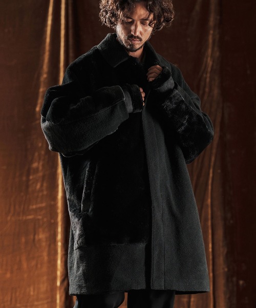 mj10980-Sliver Knit × Shaggy Panel Soutien Collar Coat ステン