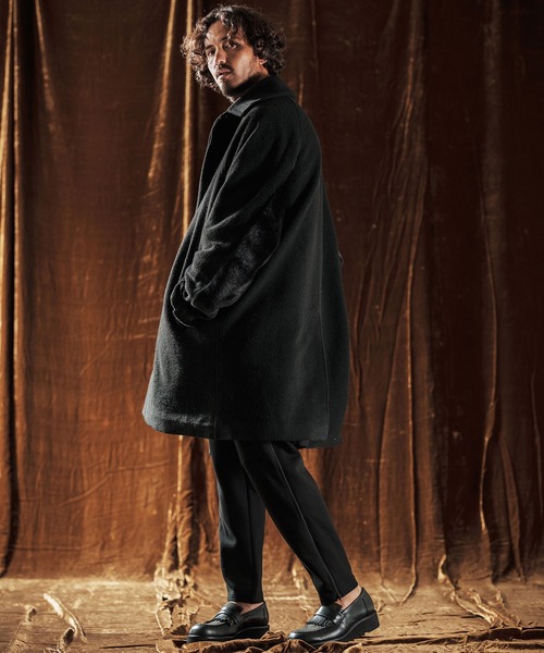 mj10980-Sliver Knit × Shaggy Panel Soutien Collar Coat