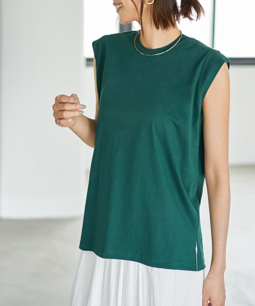 STYLE DELI(スタイルデリ)の「さらさらスムースなワイド幅ノースリトップス(Tシャツ/カットソー・レディース・ホワイト/ブラウン/グリーン・FREE)」の3枚目の写真