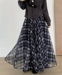 ロング丈チェック柄チュールスカート