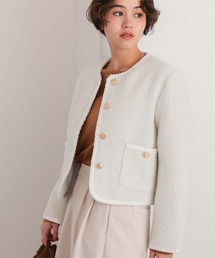 ノーカラージャケット（ホワイト/白色系・ショート丈）ファッション