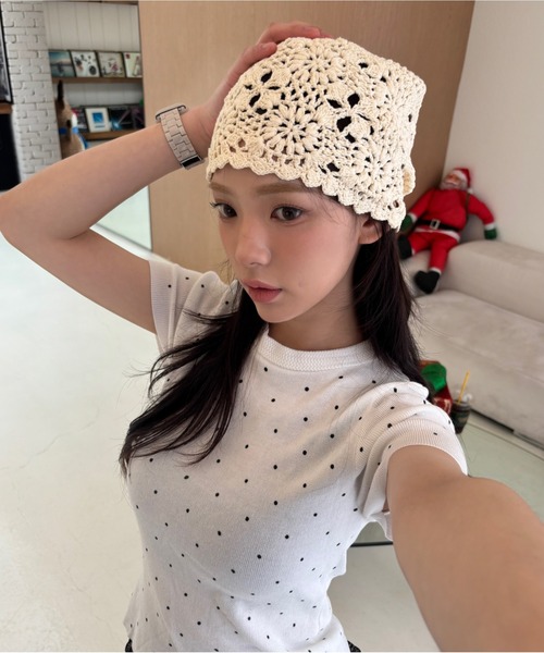 Vini（ヴィニ）の「クロシェ編みビーニー（ニットキャップ/ビーニー・レディース・ベージュ/ブラック/アイボリー・FREE）」の5枚目の写真