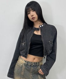 .KOM（ドットコム）の「A'GEM/9 × .kom 『.kom/ドットケーオーエム』Denim Cropped Zip-Up Riders Blouson/デニムクロップ ZIP UP ライダースブルゾン（ライダースジャケット）」