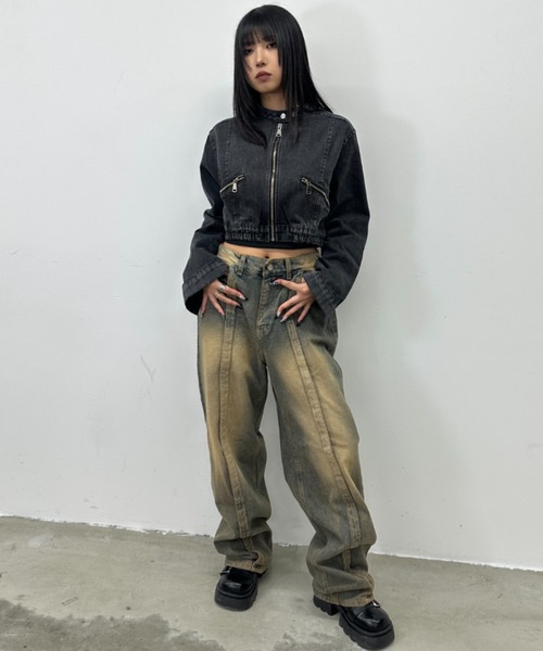 .KOM（ドットコム）の「A'GEM/9 × .kom 『.kom/ドットケーオーエム』Denim Cropped Zip-Up Riders Blouson/デニムクロップ ZIP UP ライダースブルゾン（ライダースジャケット・レディース・チャコールグレー・FREE）」の6枚目の写真
