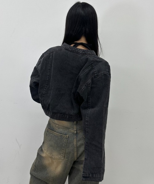 .KOM（ドットコム）の「A'GEM/9 × .kom 『.kom/ドットケーオーエム』Denim Cropped Zip-Up Riders Blouson/デニムクロップ ZIP UP ライダースブルゾン（ライダースジャケット・レディース・チャコールグレー・FREE）」の9枚目の写真