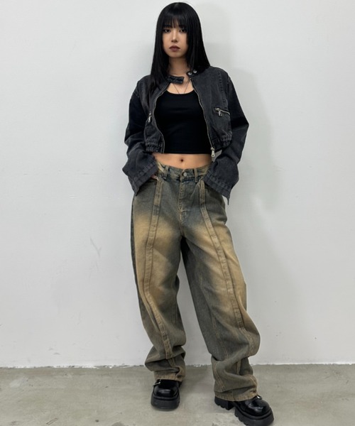 .KOM（ドットコム）の「A'GEM/9 × .kom 『.kom/ドットケーオーエム』Denim Cropped Zip-Up Riders Blouson/デニムクロップ ZIP UP ライダースブルゾン（ライダースジャケット・レディース・チャコールグレー・FREE）」の7枚目の写真