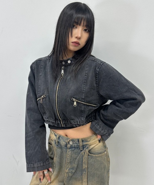 .KOM（ドットコム）の「A'GEM/9 × .kom 『.kom/ドットケーオーエム』Denim Cropped Zip-Up Riders Blouson/デニムクロップ ZIP UP ライダースブルゾン（ライダースジャケット・レディース・チャコールグレー・FREE）」の4枚目の写真