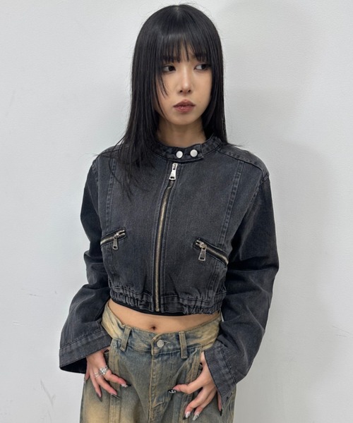 .KOM（ドットコム）の「A'GEM/9 × .kom 『.kom/ドットケーオーエム』Denim Cropped Zip-Up Riders Blouson/デニムクロップ ZIP UP ライダースブルゾン（ライダースジャケット・レディース・チャコールグレー・FREE）」の5枚目の写真