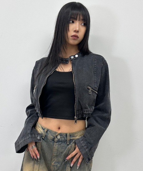.KOM（ドットコム）の「A'GEM/9 × .kom 『.kom/ドットケーオーエム』Denim Cropped Zip-Up Riders Blouson/デニムクロップ ZIP UP ライダースブルゾン（ライダースジャケット・レディース・チャコールグレー・FREE）」の3枚目の写真