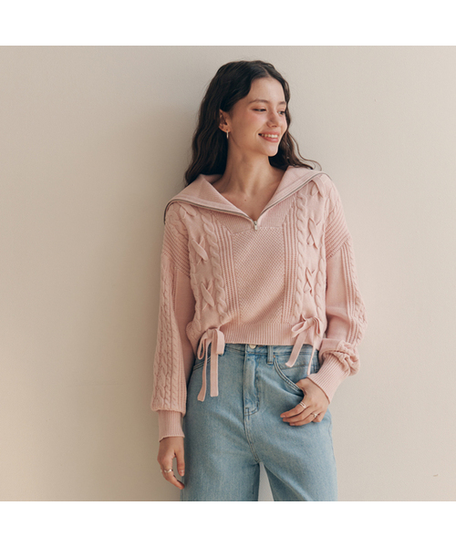 ZEROSTREET（ゼロストリート）の「[5カラー] リボンジップアップセーター（ニット/セーター・レディース・グレー系その他/Cream/ブラック/スカイブルー/PINK/ブラウン/レッド・FREE）」の6枚目の写真