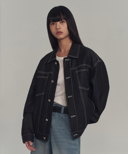 セール】デニムステッチツーポケットトラッカージャケット_ブラック