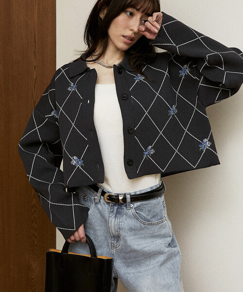 セール】PUBLUX/パブリュクス 線画ダイヤ ＆ 花刺繍 ショート