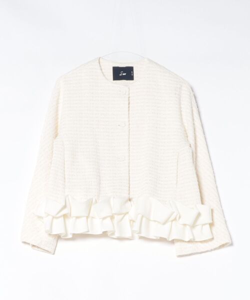 Sono(ソーノ)の「【新作 1/30発売】【SONO/ソーノ】【SONO NAVY/ソーノネイビー】ホイップフリルショートジャケット-TWEED-(ノーカラージャケット・レディース・ブラック/ネイビー/ホワイト・F)」の2枚目の写真