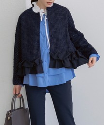 Sono（ソーノ）の「【新作 1/30発売】【SONO/ソーノ】【SONO NAVY/ソーノネイビー】ホイップフリルショートジャケット-TWEED-（ノーカラージャケット）」