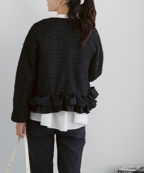 Sono(ソーノ)の「【新作 1/30発売】【SONO/ソーノ】【SONO NAVY/ソーノネイビー】ホイップフリルショートジャケット-TWEED-(ノーカラージャケット・レディース・ブラック/ネイビー/ホワイト・F)」の5枚目の写真