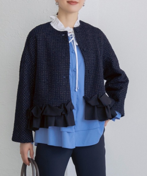 Sono(ソーノ)の「【新作 1/30発売】【SONO/ソーノ】【SONO NAVY/ソーノネイビー】ホイップフリルショートジャケット-TWEED-(ノーカラージャケット・レディース・ブラック/ネイビー/ホワイト・F)」の8枚目の写真