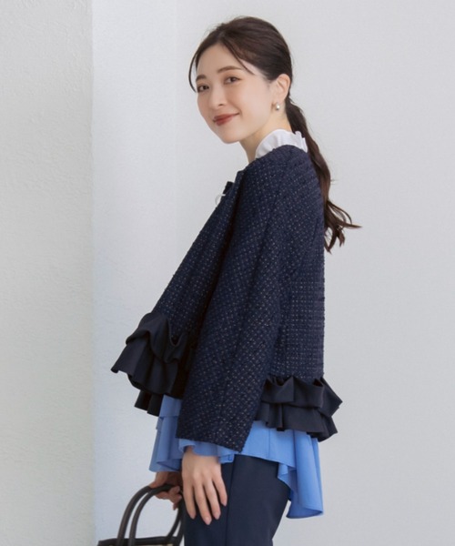Sono(ソーノ)の「【新作 1/30発売】【SONO/ソーノ】【SONO NAVY/ソーノネイビー】ホイップフリルショートジャケット-TWEED-(ノーカラージャケット・レディース・ブラック/ネイビー/ホワイト・F)」の9枚目の写真