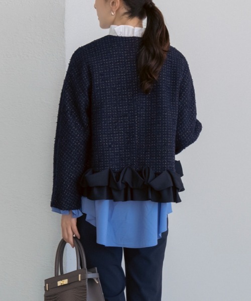 Sono(ソーノ)の「【新作 1/30発売】【SONO/ソーノ】【SONO NAVY/ソーノネイビー】ホイップフリルショートジャケット-TWEED-(ノーカラージャケット・レディース・ブラック/ネイビー/ホワイト・F)」の11枚目の写真
