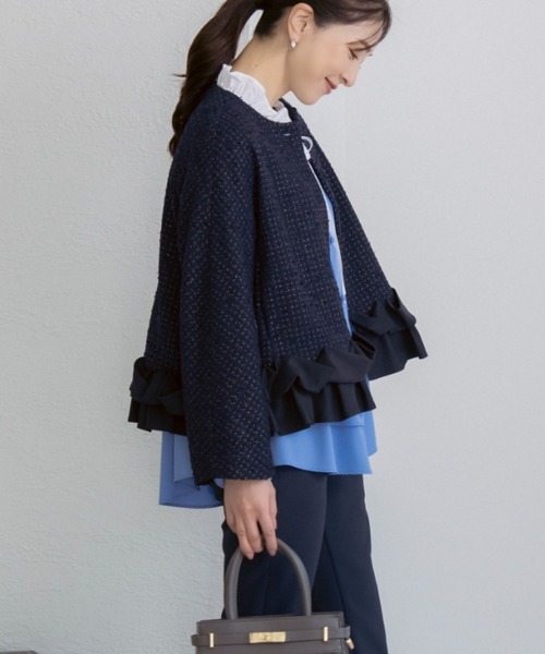 Sono(ソーノ)の「【新作 1/30発売】【SONO/ソーノ】【SONO NAVY/ソーノネイビー】ホイップフリルショートジャケット-TWEED-(ノーカラージャケット・レディース・ブラック/ネイビー/ホワイト・F)」の12枚目の写真