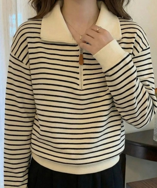 cammie(キャミー)の「ポロカラーボーダートップス(スウェット・レディース・ホワイト/ブラック・F)」の6枚目の写真