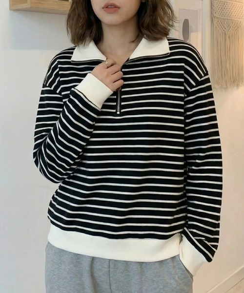 cammie(キャミー)の「ポロカラーボーダートップス(スウェット・レディース・ホワイト/ブラック・F)」の9枚目の写真
