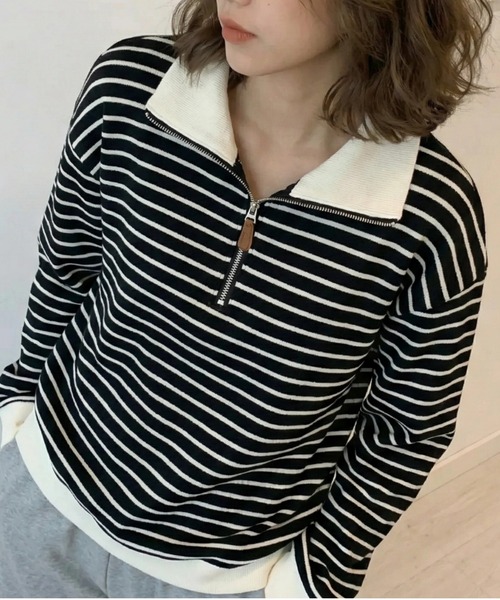 cammie(キャミー)の「ポロカラーボーダートップス(スウェット・レディース・ホワイト/ブラック・F)」の10枚目の写真
