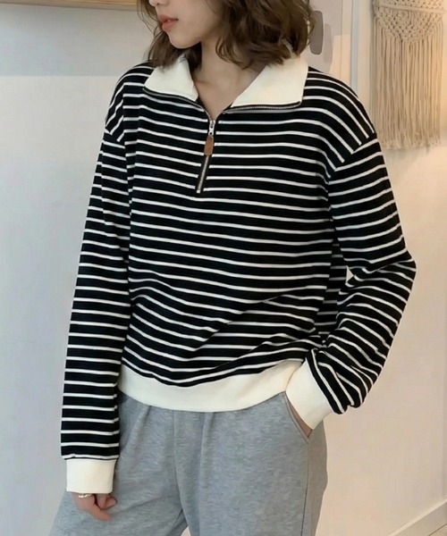 cammie(キャミー)の「ポロカラーボーダートップス(スウェット・レディース・ホワイト/ブラック・F)」の7枚目の写真