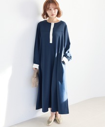 バイカラージョーゼットワンピース│着るだけできちんと見え/大人の配色デザイン/ロング丈/Aライン/洗える
