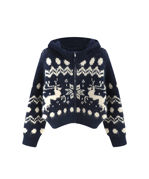 Vivacious（ビバシャス）の「Reindeer Knit Hood Zip-up_3Colors（パーカー・レディース・ブラウン/ネイビー/アイボリー・FREE）」の3枚目の写真